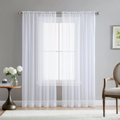 Oranlife Sheer Curtains 2 Panels, Window Treatment Semi Transparent Net Curtains, Semi Transparent Chiffon Curtains Sheer White Window Curtains for Bedroom Living Room 52x84inch, White