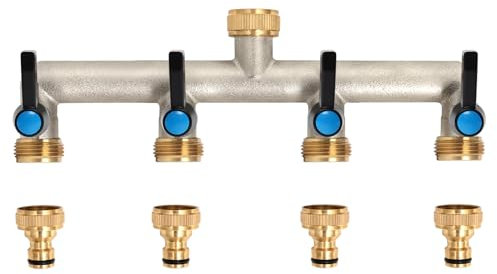 OPERMAXER 4-Wege Wasserhahn Wasserverteiler, Verlängerter Griff, 3/4 Zoll Messing Wasseranschluss Verteiler mit individuellem Absperrhähnen,4er Verteiler 3/4 Adapter 1/2 für Geräte/Gartenschläuche