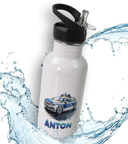 timalo® Trinkflasche für Kinder personalisiert mit Namen | auslaufsichere Edelstahl Sportflasche Kindergarten Schule Geschenk für Jungen und Mädchen 400mL | Polizei Auto