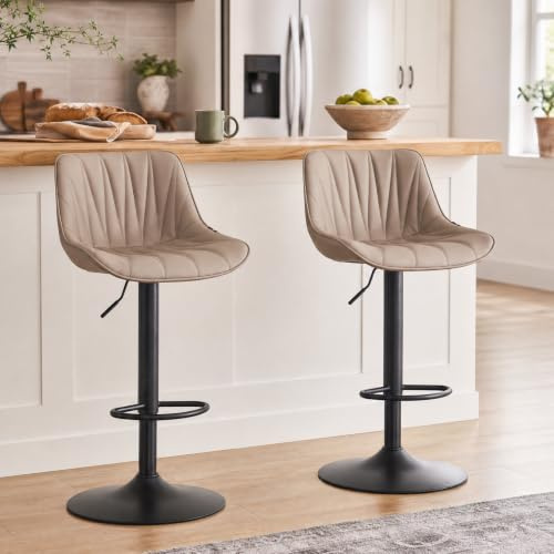 YOUNIKE Bar Stools Set of 2, Swivel Barstools with Back, Khaki | Faux Leather Upholstered Modern Counter Height Bar Chairs, 360° Rotation, Height Adjustable, Ergonomically Curved Seat