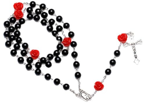 Kuesn Amethyst Catholic Rosary Necklace 6mm Black Pearl Beads Rose Flower Cross Religious Necklace (Black)