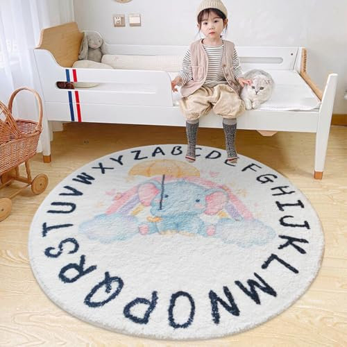 Poowe ABC Teppich für Kinderzimmer, Kreis, Alphabet, Kinderzimmerteppich für Baby, Jungen und Mädchen, rund, neutraler Kleinkind-Spielzimmerteppich, Buchstaben-Lernteppich (rund, 120 cm,