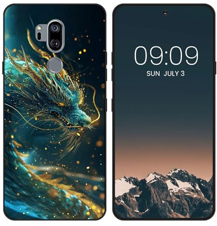 WUACYEAMING Noir Coque pour LG G7 ThinQ, Haute Qualité TPU Silicone Mince Souple Antichoc Bumper avec Le Dragon Motif Dessin Mat Case
