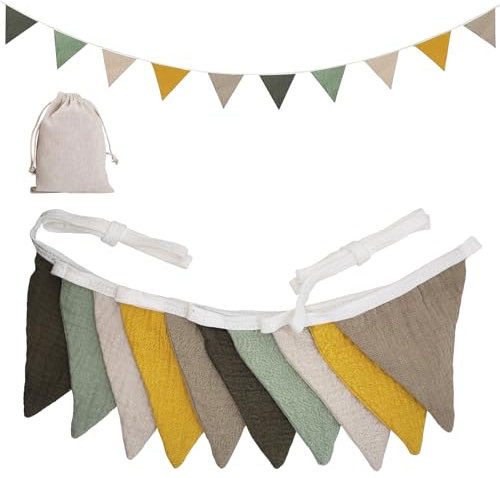 Goldenland Wimpelkette Kinderzimmer, Stoff Wimpelkette, Wimpelkette Musselin Baumwolle, Girlande Kinderzimmer Deko, Babyzimmer deko Mädchen & Jungen für Hausbett, Babybett, Wanddeko (Grün Gelb)