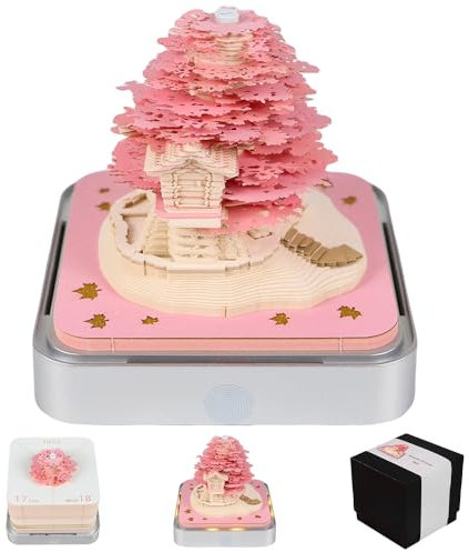 iselyn 3D-Kunst-Kalender, Memo-Block, 2025, Zeitmesserkalender, rosa Sakura-Baum mit Lichtern, kreatives Abreißen, Papierschnitzerei, 3D-Kunst-Kalender, DIY, Notizen, Desktop-Dekoration, Geschenke