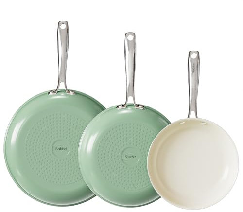 Redchef Non Stick Ceramic Frying Pan Set, Ceramic Pans for Cooking, 20 24 28cm Skillet Set, No PFAS & PTFE & PFOA with Stainless Steel Handle, Oven Safe Max up to 842°F (Green)