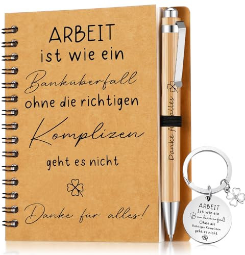 Sinmoe Dankeschön Geschenkset für Kollege Lehrer Mitarbeiter Abschied Geschenk A6 Notizbuch Danke für Alles Kugelschreiber Schlüsselanhänger Notizblock(Arbeit Ist Wie Ein Banküberfall)