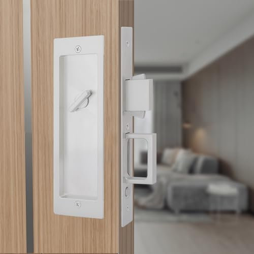 American-Style Pocket Door Lock,Sliding Door Lock with Pull, 189mm Recessed Pocket Door Mortise Lock, Pocket Door Edge Pull,Easy to Install,Brushed Silver