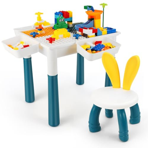 Diealles Shine Spieltisch Kinder, Kinder Tisch Stuhl Set mit 186 Stück Bausteine, Spieltisch Aktivitätstisch Set mit Stauraum, Kindertisch für Kinderzimmer und Kindergarten