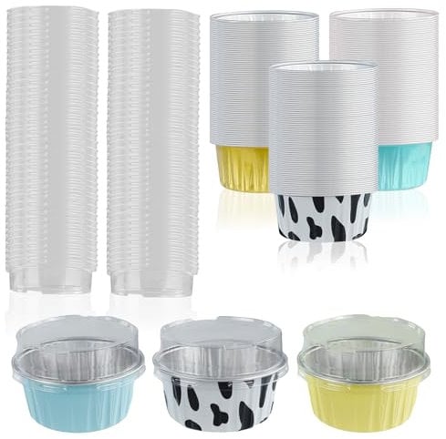 60 Pcs Aluminium Foil Baking Cups with Lids. KUAOOAUK 5 oz Mini Cupcake Cases, Round Muffin Tray Cheesecake Moulds, Reusable Cake Pans for Bread Dessert Wedding Birthday Picnic Party (3