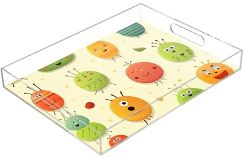 Niedliches Cartoon-Käfer-Serviertablett, transparent, rechteckig, mit Griffen, Servierplatte für Couchtisch, Küche, Badezimmer