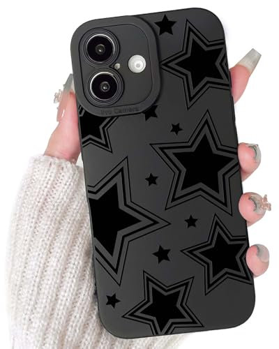 NITITOP Compatible for iPhone 16 Case Cute Cool Star Black Design for Women Girls Soft TPU Shockproof Protective Girly for iPhone 16 - Black Star
