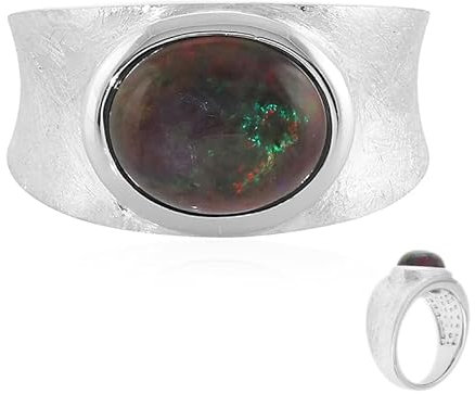 Cavill Mezezo Opal Ring aus 925 Sterling Silber mit 1,586 Karat ovalem äthiopischen Opal, modern gebürstet, eleganter grüner und roter Farbspiel-Silberring, 10x8 mm