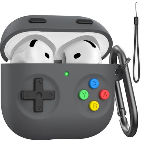 Delidigi für AirPods 4 Hülle Case, Klassische Handheld Game Console Design Silikon Schutzhülle with Karabiner Kompatibel mit Apple Airpods 4. Generation 2024(Dunkelgrau)
