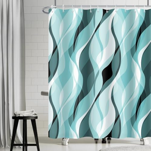 Uiiooazy Duschvorhang Türkis, Duschvorhang 180x180cm Anti Schimmel Blau Grün Gradient Streifen Gemustert Duschvorhänge Stoff Waschbar Wasserdicht Polyester Bad Vorhang mit 12 Haken für Badezimmer