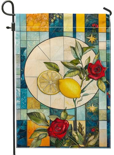 Gartenflagge Frühling Sommer Zitrusfrüchte, Zitronengelb und rote Rosen, Blumenflaggen für Heimdekoration, doppelseitige Außenrasendekoration, 30,5 x 45,7 cm