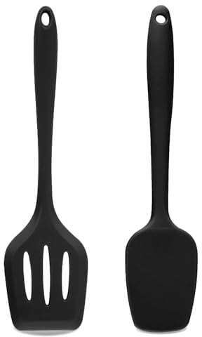 Mini Silicone Spatula, Heat-Resistant Non-Stick Kitchen Utensil, Flexible Scraping Tool for Cooking Baking Frying, Fish Slice Turner, Petrol (Black, Slotted Shovel + T-Spade)