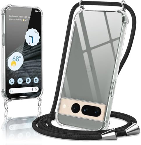 Oelrstfe Coque pour Google Pixel 7 Pro avec Cordon, Housse Transparent Silicone Anti-Jaunissement Collier Réglable Case, Téléphone Étui Antichoc Portable Lanière Cover pour Google 7 Pro - Noir