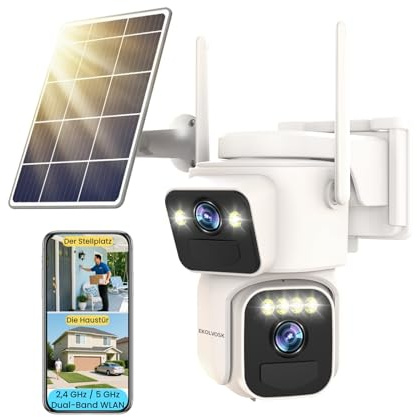 LUOVEE Solar Überwachungskamera Aussen Akku, Kabellos, 2K Dual Objektiv, PTZ Kamera mit 360° Blick, Farbnachtsicht, 5GHz/2.4GHz WLAN, Bewegungsmelder, Zwei-Wege-Audio, SD & Cloud Speicher, IP65