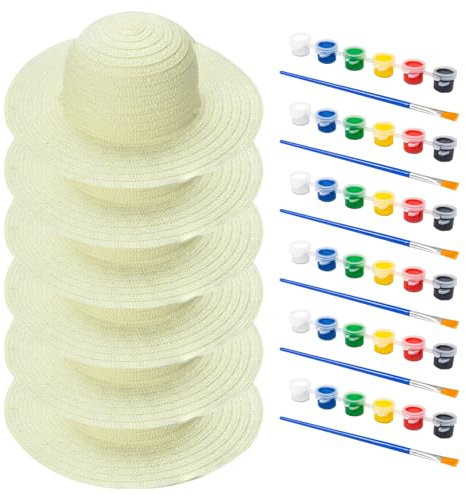 Tea Party Hats, 6 Set White Straw Hat Set DIY Kids Straw Hats with Pigment Brush Craft Art Painting Cap Tea Party Supplies Gifts for Kids Adults