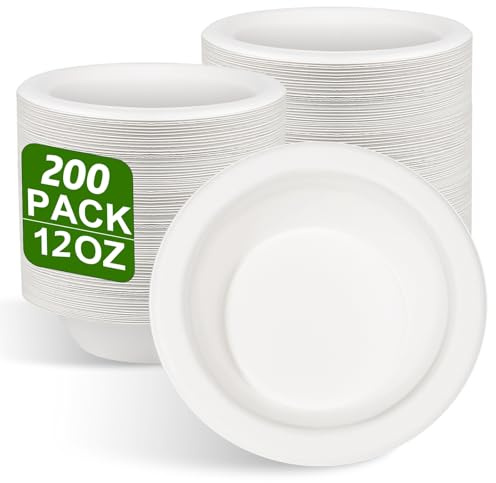 200 Stück Pappschalen Suppenschalen 350ML Weiß Einwegschale Einwegteller | Zuckerrohr Einweggeschirr Schalen Einmal Einwegsuppenschale Bio Suppenschüssel Rund Weiß Kompostierbares