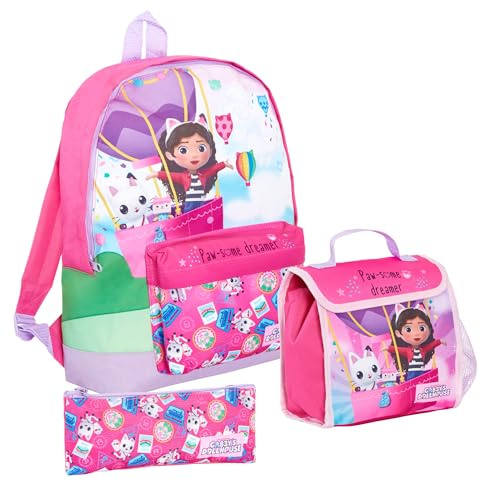 Gabby's Dollhouse Backpack + Lunch Bag + Pencil Case Girls 3 Piece Pandy Paws School Bag Set
