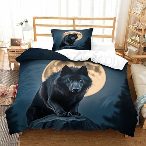 LILIlaobiao Schwarz Wolf Bettwäsche Single（135x200cm）, 3D Vollmond Bettbezug, Schlafhilfe Bettdeckenbezug Mit Kissenbezüge: 80 X 80, Atmungsaktiv Bedding Set Für Jungen & Mädchen