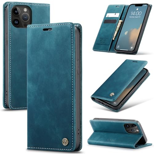 Samokor Handyhülle für iPhone 13 Pro 5G Magnet Leder Klapphülle | Premium Leder,Klappbar,Flip Case,Schutzhülle,Tasche,Kartenfach,Standfunktion,Stoßfest,Hülle für iPhone 13 Pro,Blaugrün