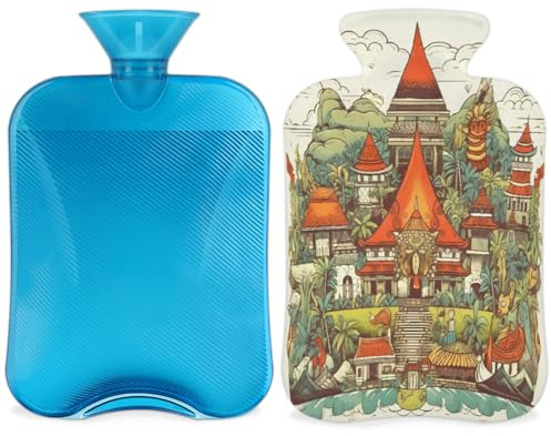 Cartoon City Hot Water Bottle with Cover, City Landscape 2L Hot Water Bag for Pain Relief, Neck and Shoulder, Hand Feet Warmer