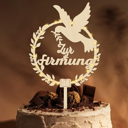 Giftota Cake Topper zur Firmung aus Holz mit LED Lichterkette - Tortendeko Firmung Deko für Junge Mädchen