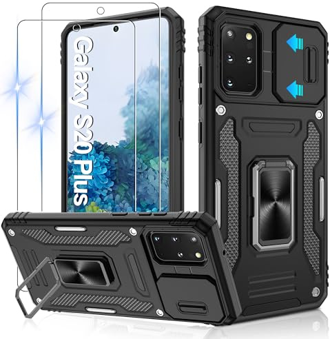 Jshru Hülle für Samsung Galaxy S20 Plus Handyhülle Kameraschutz mit 2 Stück Schutzfolie Militärstandard Stoßfest Schutzhülle 360° Metall Ring Ständer Case für Galaxy S20 Plus,Schwarz