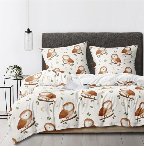 Boqingzhu Kinder Bettwäsche 135x200 cm Eule - Creme Weiß | Braun Beige Grün, 3D Mikrofaser mit Reißverschluss, OEKO-TEX Zert, Sicher, Weich, für Mädchen und Jungen
