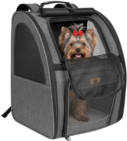 Aystkniet Katzenrucksack & Hunderucksack bis 6kg, Große Haustier Transporttasche mit 270° Belüftung, 3 Öffnungen, Faltbar, Atmungsaktiv für Reisen, Wandern, Flugzeug & Tierarzt
