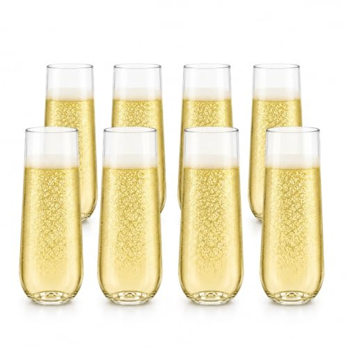 Stemless Plastic Champagne Glasses Set of 8 | Reusable Shatterproof Sparkling Wine Flute for Prosecco & Cocktails | BPA-Free Clear Acrylic Party Glass for Picnic Wedding Garden BBQ Camping