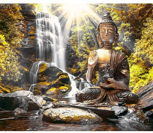 Fototapete murando 350x256 cm Vlies Tapeten Wandtapete XXL Moderne Wanddeko Design Wand Dekoration Wohnzimmer Schlafzimmer Büro Flur Natur Buddha Wald Wasserfall Asia h-C-0033-a-d