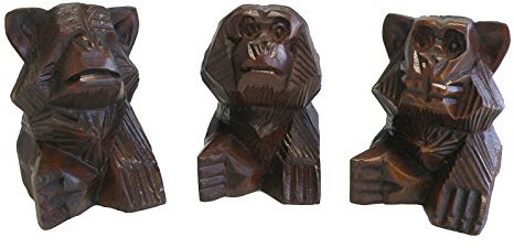 3 Weise Affen, nichts hören, sehen, sagen, Soar-Holz, ca. 10 cm handeschnitzt, Farbe:dunkelbraun