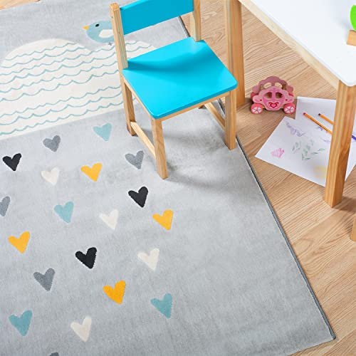 Domdeco Baby- & Kinderteppich YLVIE, 7,5mm hoher Kurzflor, mit Vogel & Wolke Motiv, für Baby-/Kinder-/Spielzimmer, aus Kunstfasern, Hellgrau in 120x170cm