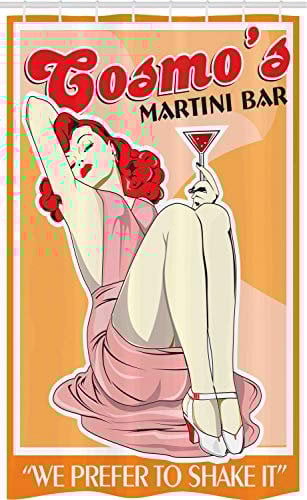 ABAKUHAUS Pin up Rideau de Douche Stalle, Cocktail Martini, Ensemble de Salle de Bain en Tissu en Crochets, 120 x 180 cm, Orange