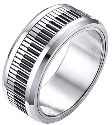 OAKKY Herren Schwarz und Weiß Klavier Schlüssel Drehbar Ring Edelstahl