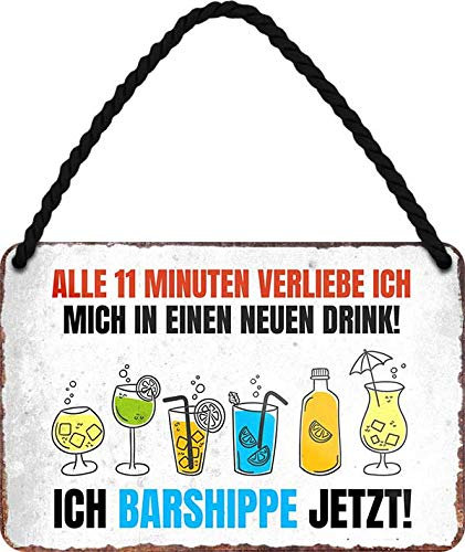 schilderkreis24 - Lustiger Alkohol Bier Cocktail Trink Spruch: “ALLE 11 Minuten VERLIEBE ICH Mich IN EINEN NEUEN Drink!” Deko Hängeschild Türschild Metallschild witzige Geschenkidee Männer 18x12cm