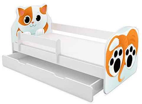 ACMA Tiere VII Kinderbett Jugendbett Matratze Rausfallschutz Lattenrost 140x70 160x80 180x80 (02 Katze, 180x80 cm + Bettkasten)