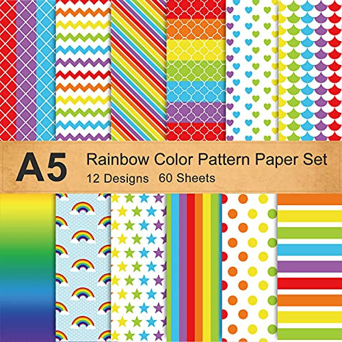 Whaline Regenbogenfarbenes Papier Set, 60 Blatt A5 doppelseitiges Bastelpapier Origami-Papier Ton-Papier dekoratives Papier für Geschenkdekoration Grußkarten Gay Pride Karten Scrapbooking (12 Stile)