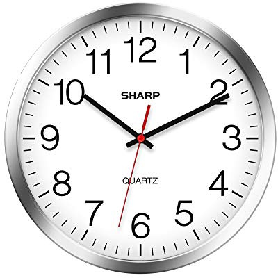 Sharp Wall Clock – Silver/Chrome, Silent Non Ticking 12 Inch Quality Quartz Battery Operated Round Easy to Read Home/Kitchen/Office/Classroom/School Clocks, Sweep Movement