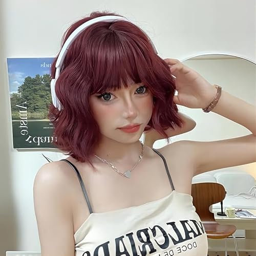 LEMEIZ rote perücke kurz, red wig, lockige perücke mit pony, ombre afro perücke rot, ombre perücke kurz, Synthetic Hair Short Red Wigs Women, 99j Wig, 10 Zoll LEMEIZ-134-3