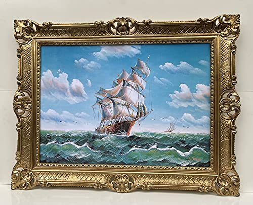 artissimo Bild mit Rahmen Segelschiffbilder Gemälde Segelschiff Antik Schiff auf dem Meer Wandkunst 90x70 Wandbild Antik Gemälde Kunstdruckbild