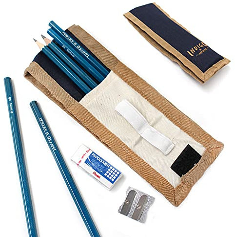 Artway Indigo Federmäppchen-Set – inkl. 6 Graphitstifte (HB-10B), Stifteetui, Pentel Radiergummi und Metallspitzer
