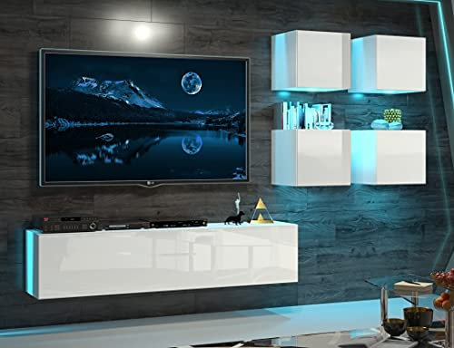 Furnitech Wohnwand Wohnzimmer | Hängend Wohnwand Modern | Wohnzimmer Schrankwand mit Regale und TV Schrank | Wohnzimmer Möbel ohne LED (Fiona AN44-18HG-W2 1B)