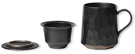 Globe Faith Pottery Teacup with Infuser and Lid, Stoneware Infusion Mug with Basket Filter, Ceramic Tea Cup with Strainer for Home and Office, Artistic Geometric Look, Matte Metallic Black 14oz