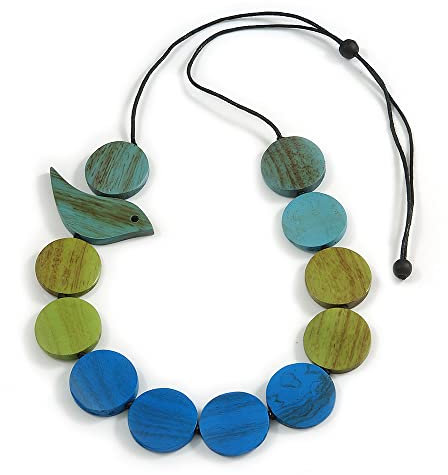 Avalaya Blue/Green/Turquoise Wooden Coin Bead and Bird Black Cotton Cord Long Necklace/ 96cm Max Length/Adjustable