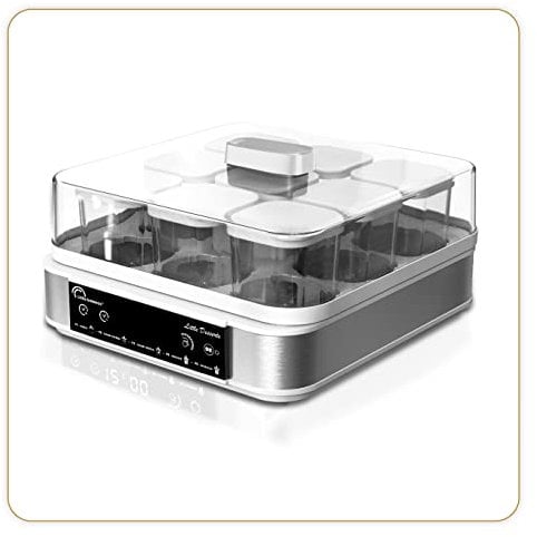 LITTLE BALANCE 8448 Yaourtière Dessertière, Yaourts Desserts Fromages blancs faits maison, 5 programmes automatiques, 9 pots en verre 145 ml, Blanc/inox